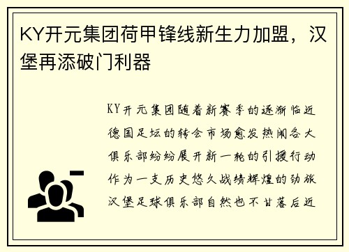 KY开元集团荷甲锋线新生力加盟，汉堡再添破门利器